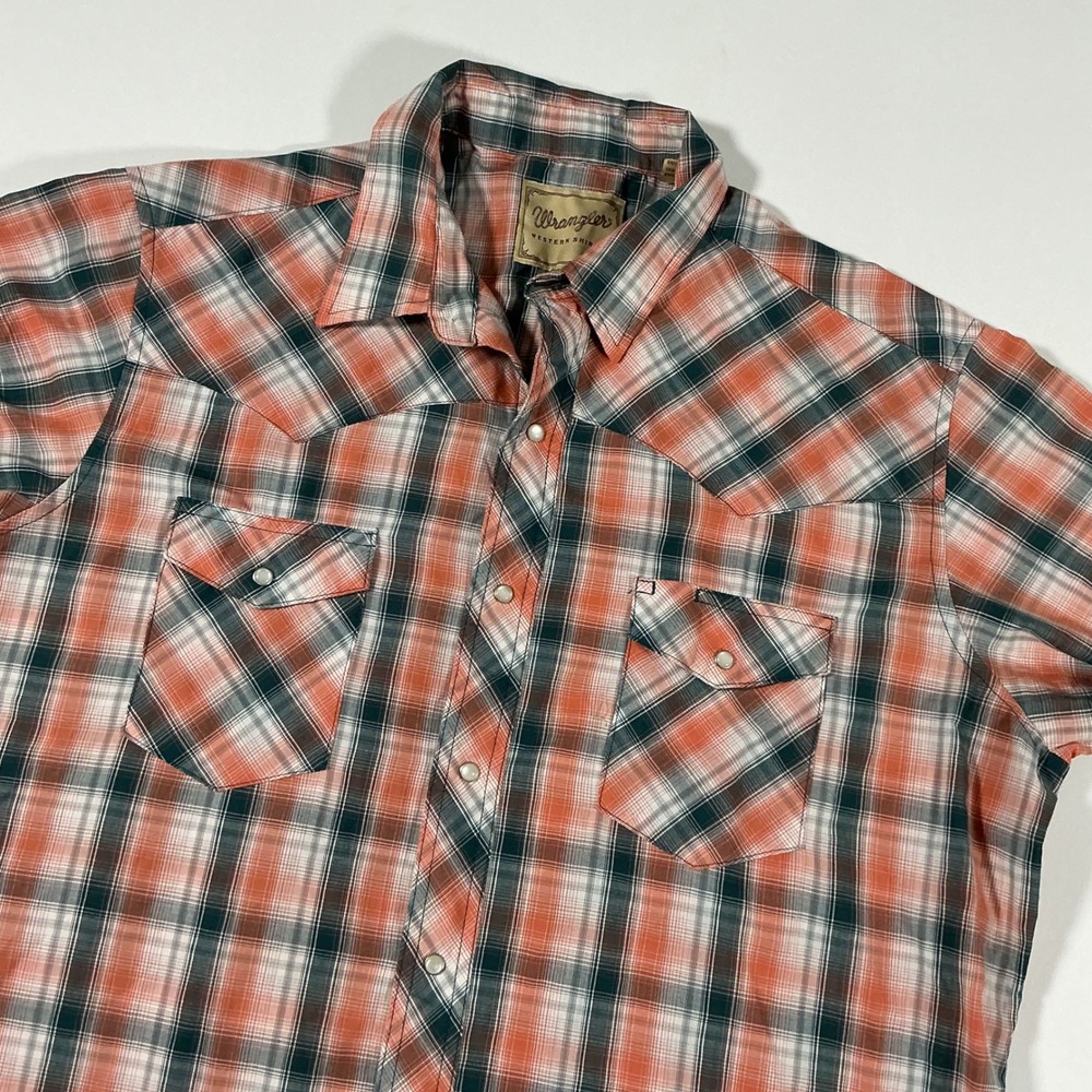 Wrangler Western Plaid Pearl Snap Men's Short Sleeve Shirt Orange Navy Size XL